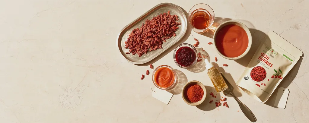 Goji product range on a limestone table